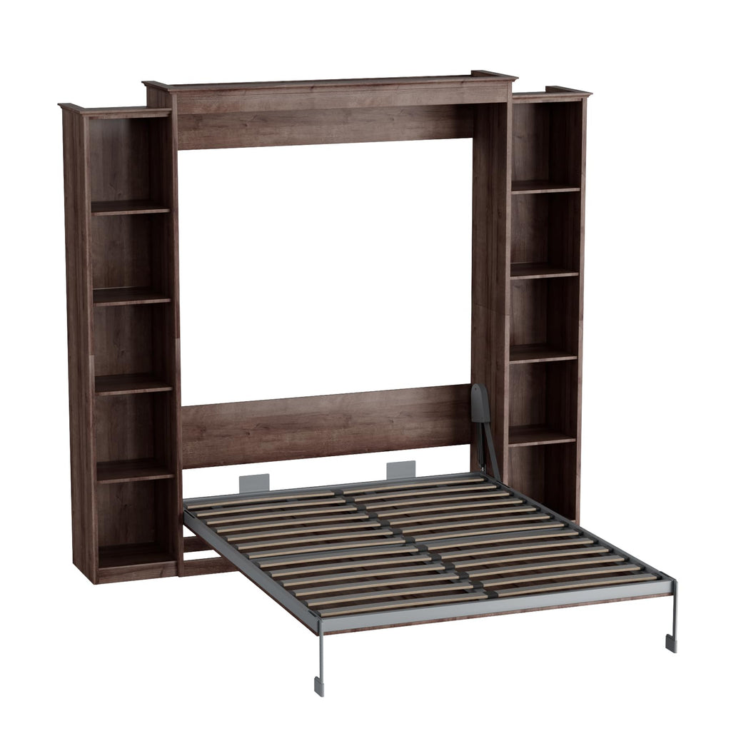 Murphy Bed Full Cabinet with 5-Tier Shelves, Wood Wall Bed, Walnut