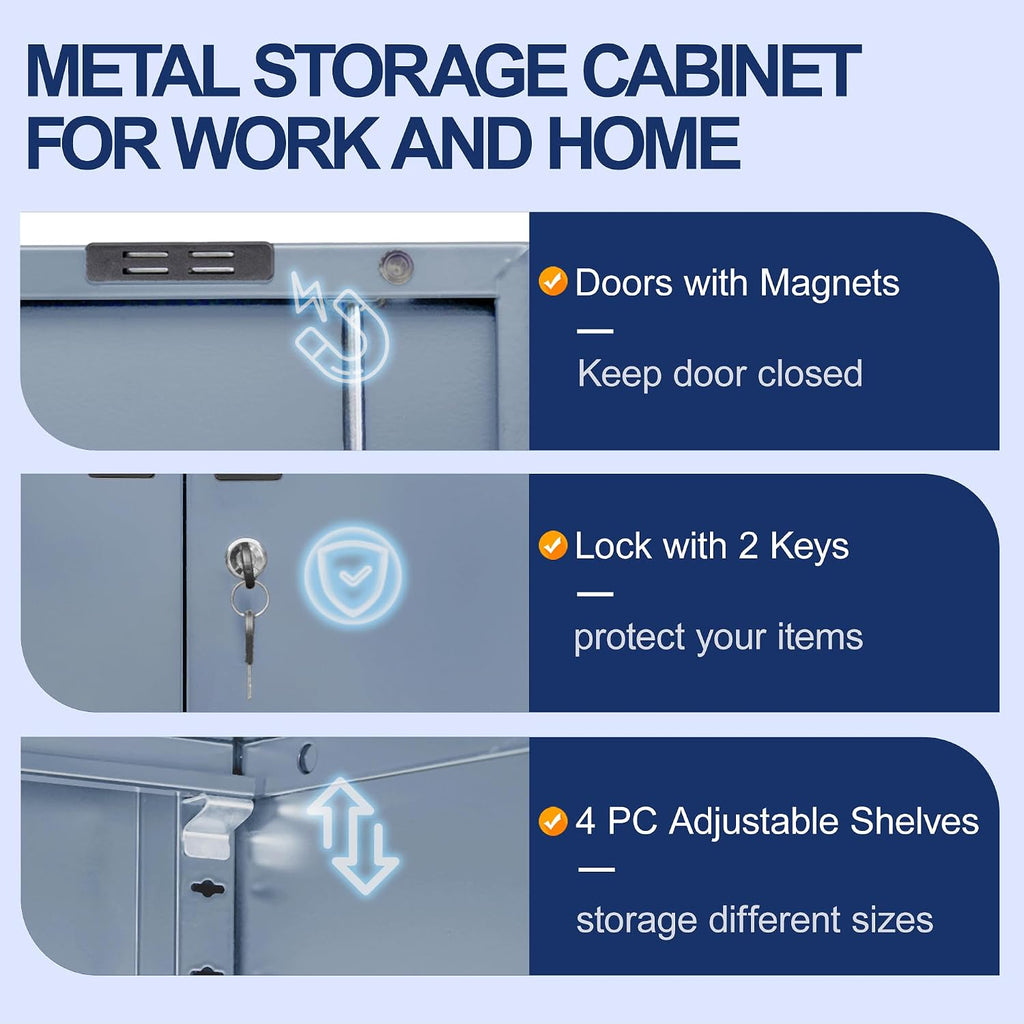 Metal Storage Cabinet with 2 Doors and 4 Adjustable Shelves Garage Storage Cabinet with Lock 71" Office Storage