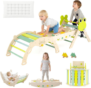 Triangle Set, 13 in 1 Frog Theme Foldable Wooden Montessori Toddler Climbing Toys Indoor with Cushion Ramp Arch