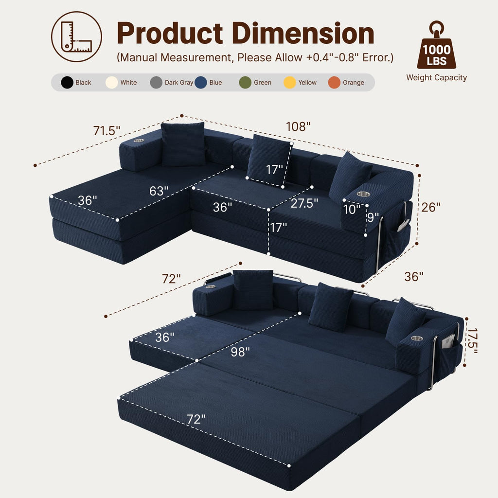 Modular Sectional Sofa, 108" L-Shaped Couch with Deep Seat