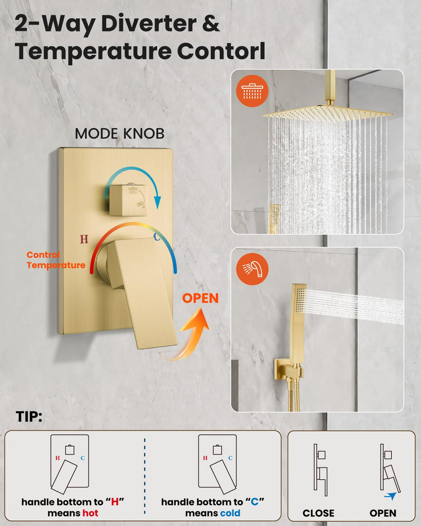 Ceiling Shower System with Handheld Brushed Gold,12 inch Head