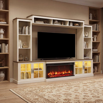 White Farmhouse TV Stand with Fireplace, Entertainment Center, 98" Wall Unit Media Console with Bookshelf, Cabinet &