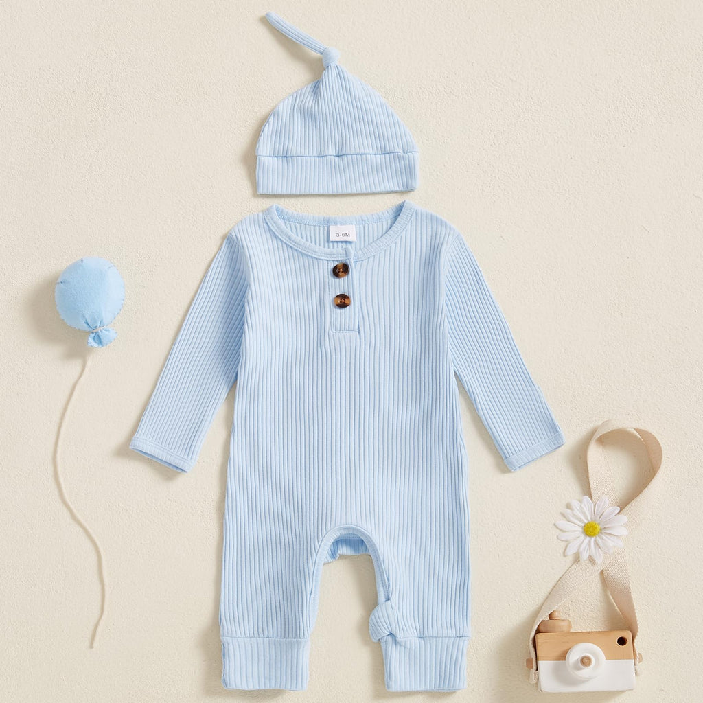 Infant Boys Girls Clothes Set Newborn Baby Romper Hat Ribbed Knit Long Sleeve Button Solid Bodysuit Jumpsuit (Sky