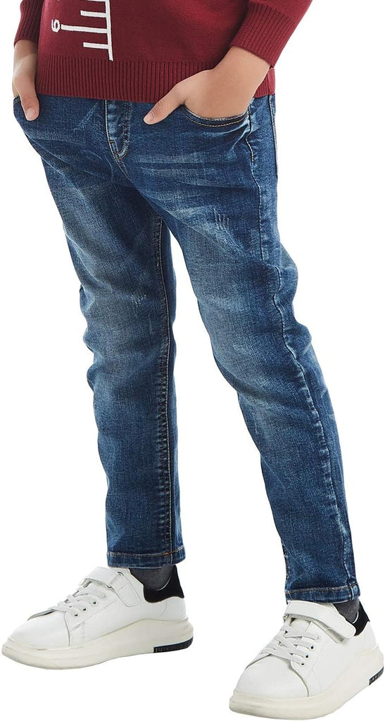Boys' Denim Jeans, Ribbed Elastic Waist Cotton Pants for Kids
