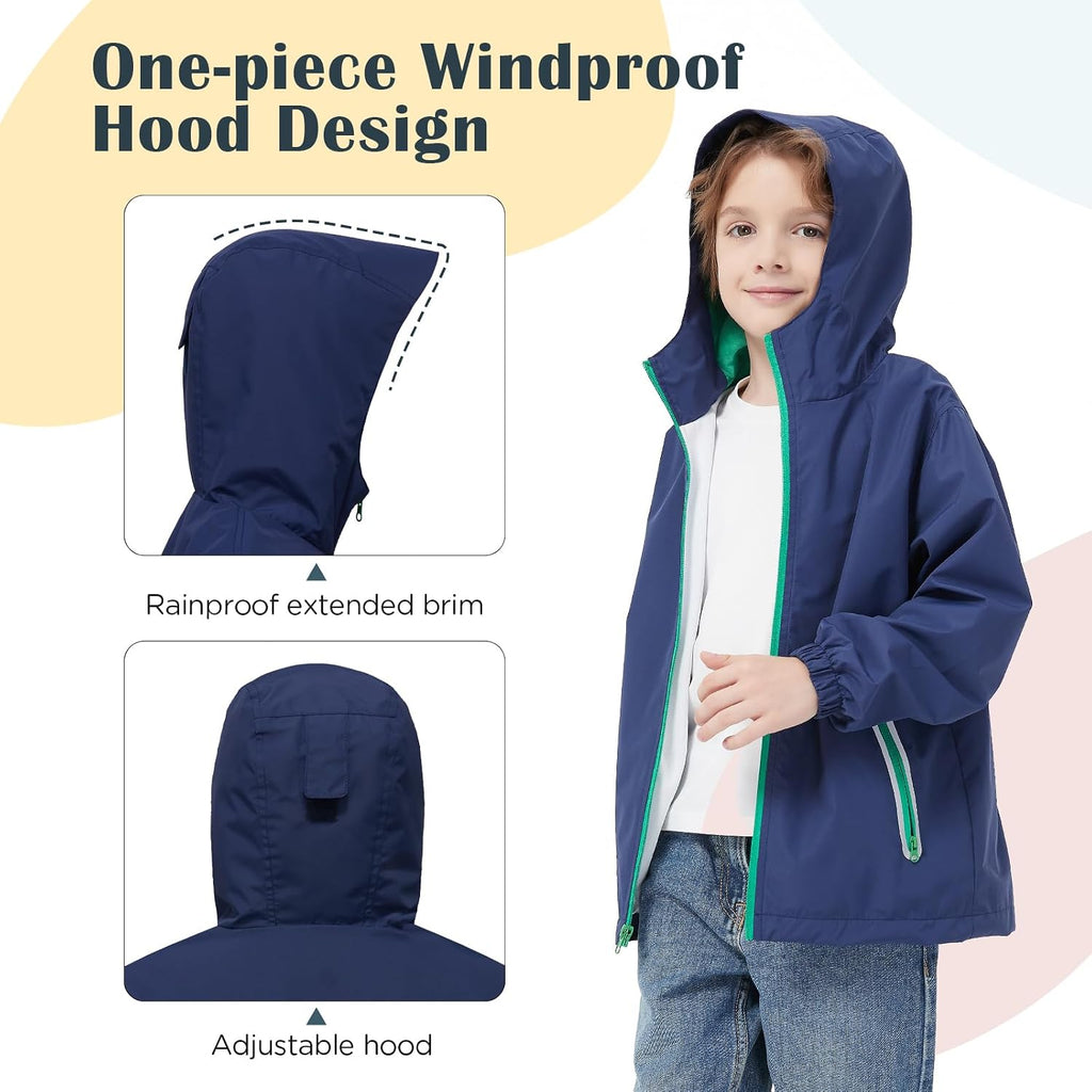 Kids Rain Jacket with Air Vents Mesh Lined, Hooded Raincoats with Extended Brim for Boys Girls