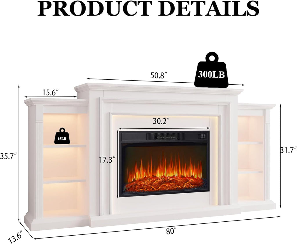 80 Inch Electric Fireplace TV Stand with Mantel and LED Lights, Entertainment Center for TVs up to 90 Inches, Modern Media Console with Storage and Remote Control