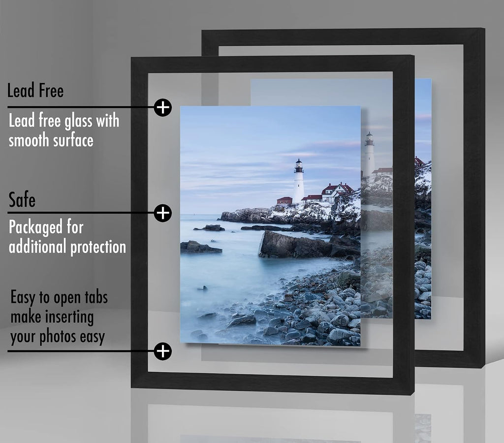 11x14 Floating Picture Frame 2-Pack - Engineered Wood - Black | Photo floats between crystal-clear glass, hangs