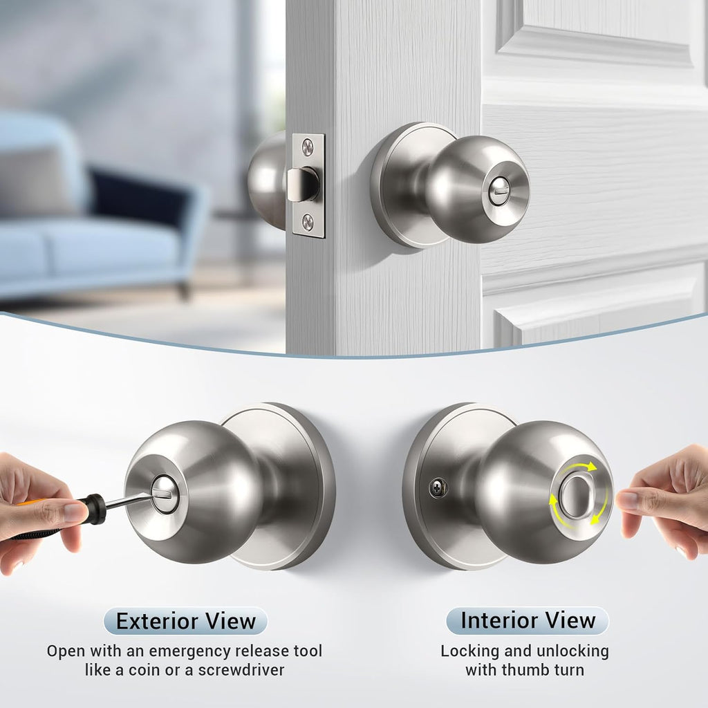 Interior Door Knobs in Brushed Nickel Finish, Keyless Privacy Door Knob, Round Ball Style Door Knob Bathroom, Indoor