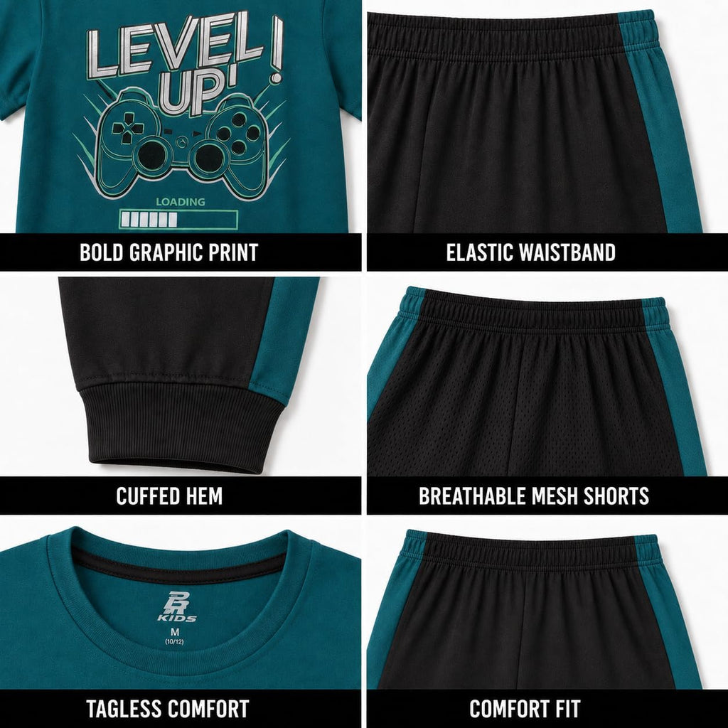 Boys Pants Set - 3 Piece Active Short Sleeve Graphic Tees Athletic Shorts and Jogger Sweatpants for Boys