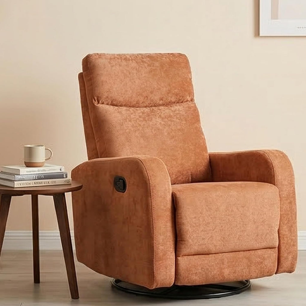 360° Swivel Glider Rocker Recliner Chair, Manual Reclining Fabric Lounge Chair with Side Pull Handle, Upholstered