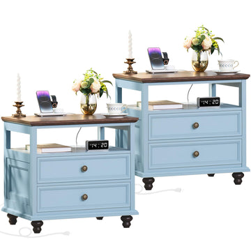 Farmhouse Nightstand Set of 2 with Charging Station, 24" Wide End Table with 2 Drawers, Dresser Cabinet, Bed Side