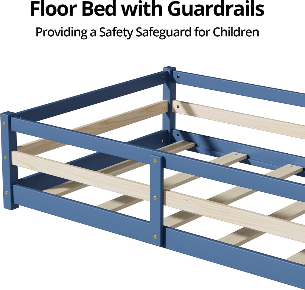 Montessori Bed, Solid Wood Floor Bed Frame with Safety High Fence, Montessori Floor Bed with Rails for Boys