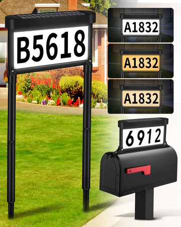 Solar Address Sign, House Numbers for Outside Light Up Double Sided, 3 Colors LED Illuminated Address Number