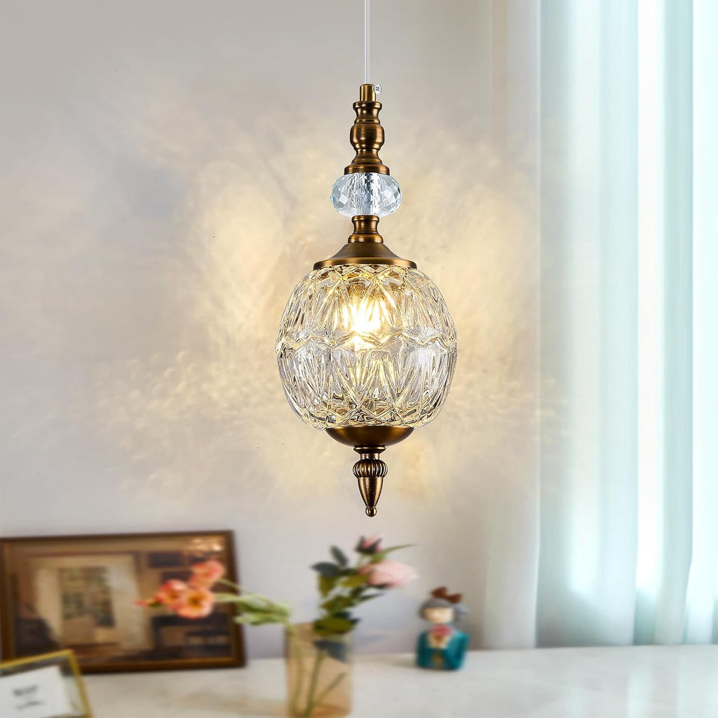 Vintage Glass Pendant Light Antique Brushed Gold Chandelier 4.72" Mini Adjustable Hanging Ceiling Light Fixture for