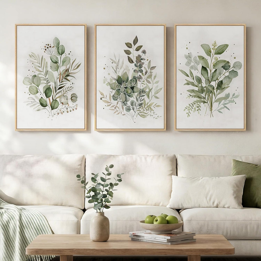 Framed Botanical Wall Art , 3 Piece Neutral Sage Green Eucalyptus Leaf Canvas Prints, Modern Minimalist Watercolor