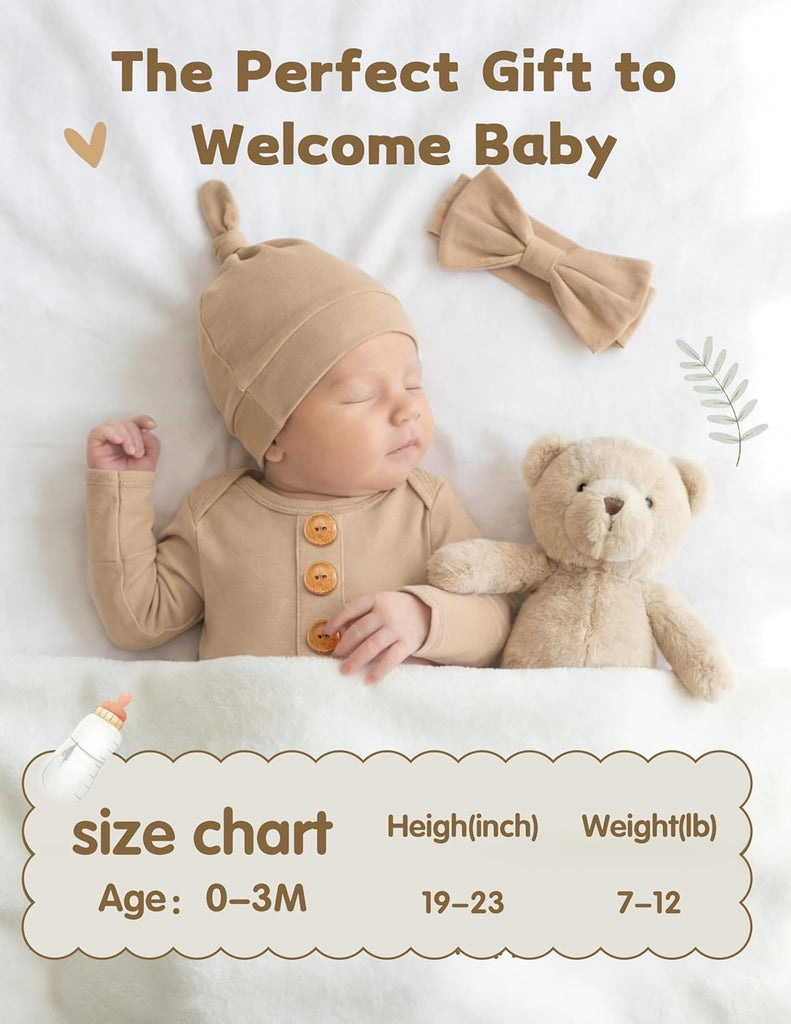 Newborn Knotted Gown, Soft Breathable Baby Sleep Gown with Hat & Headband