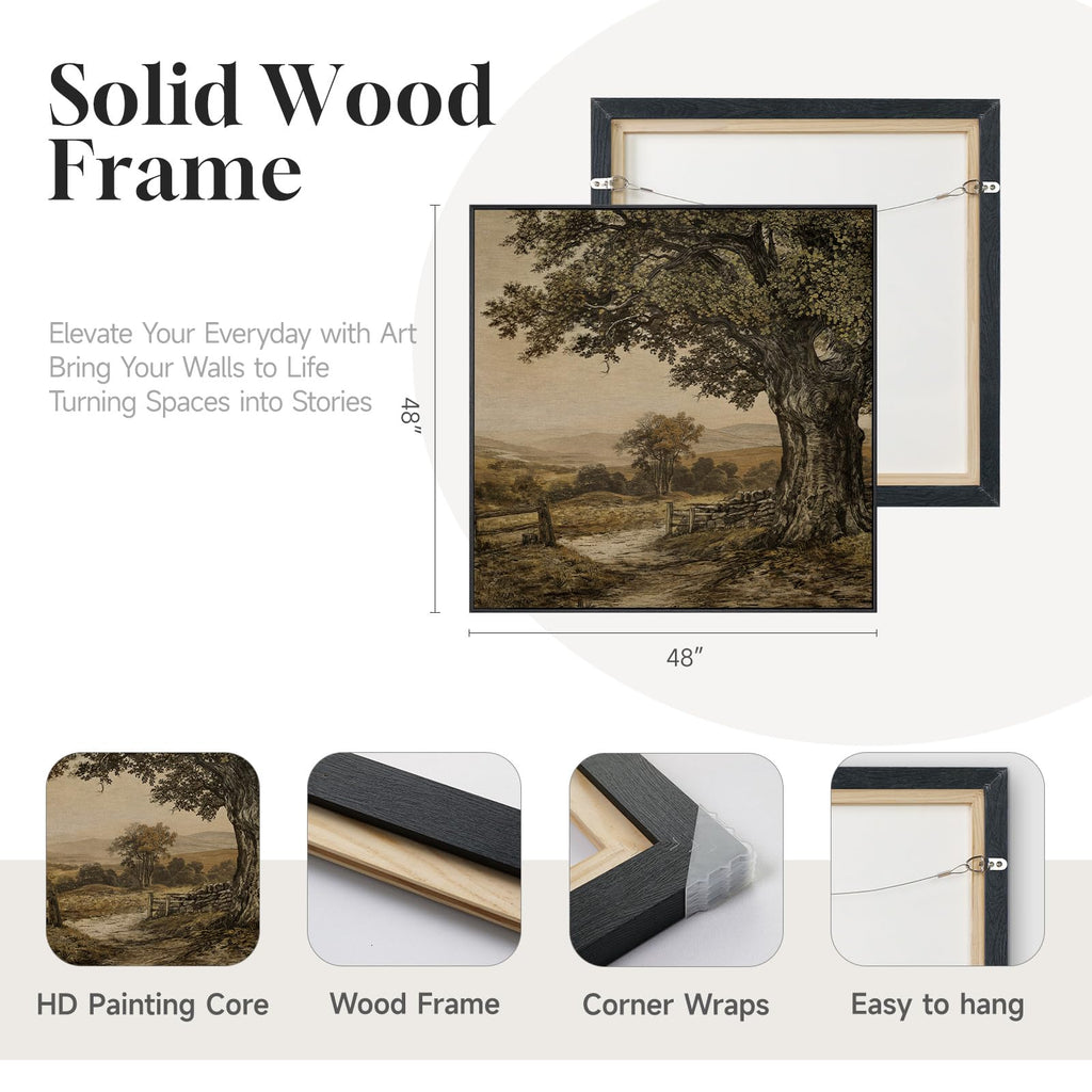 Extra Large Framed Vintage Tree Landscape Wall Art, Square