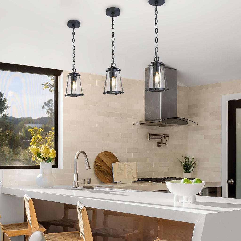 Pendant Light Kitchen Island, Black Pendant Hanging Light with Seeded Glass Farmhouse Rustic Pendant Light Fixtures