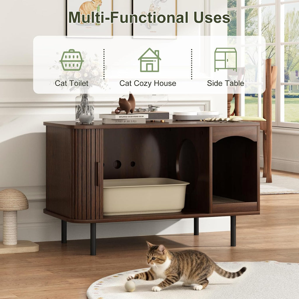 Cat Litter Box Enclosure Furniture, Fluted Hidden Litter Box, Walnut