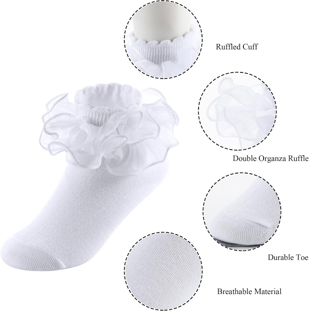 Big Girls Lace Socks Shimmering Cute Ruffle Comfortable Frilly Dress Ankle Socks 3 Pairs