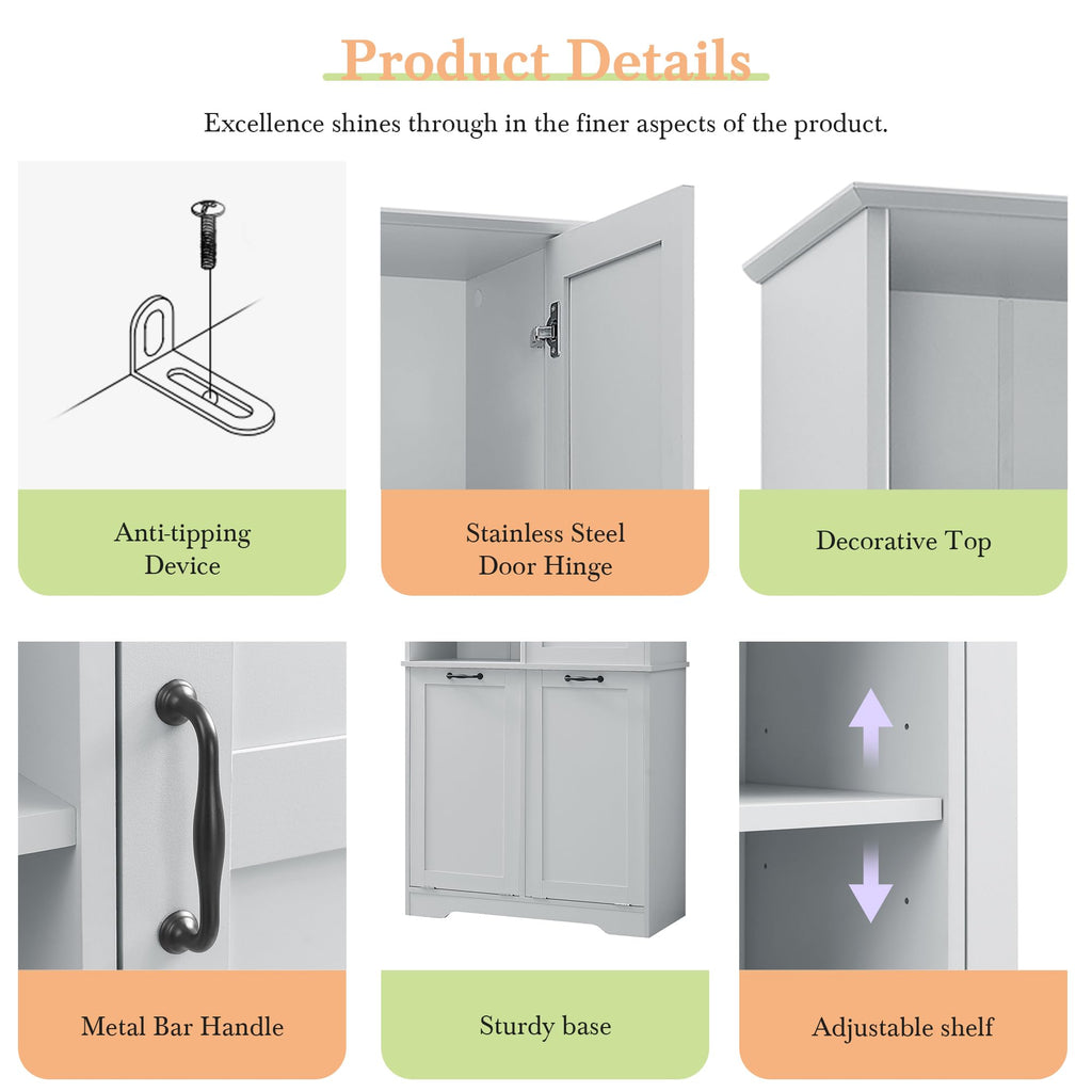 Tall Laundry Cabinet with 2 Tilt Out Laundry Hamper, Wood Bathroom Storage Cabinet with Doors and Adjustable Shelves