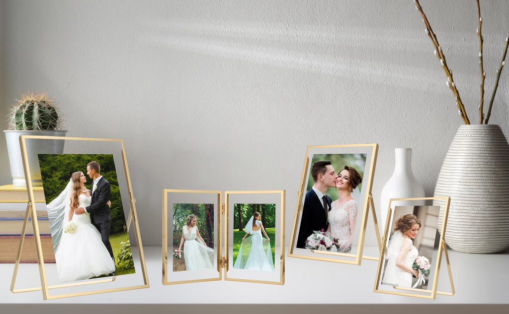 Gold 8x10'' Floating Frame Set of 2, For Photo Sizes (4x 6'', 5x7, 7x9''), Metal Frames for Tabletop/Shelf