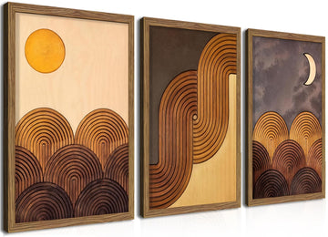 Abstract Framed Wooden Canvas Wall Art Set of 3 - Sun Moon Geometric Boho Modern Wall Decor, Golden Brown Mid Century