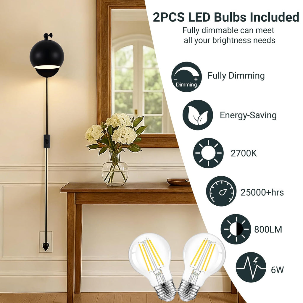 Plug in Wall Sconces Set of 2, Adjustable Angle Black Wall Lights with Plug in Cord & On/Off Switch, Bedside Wall