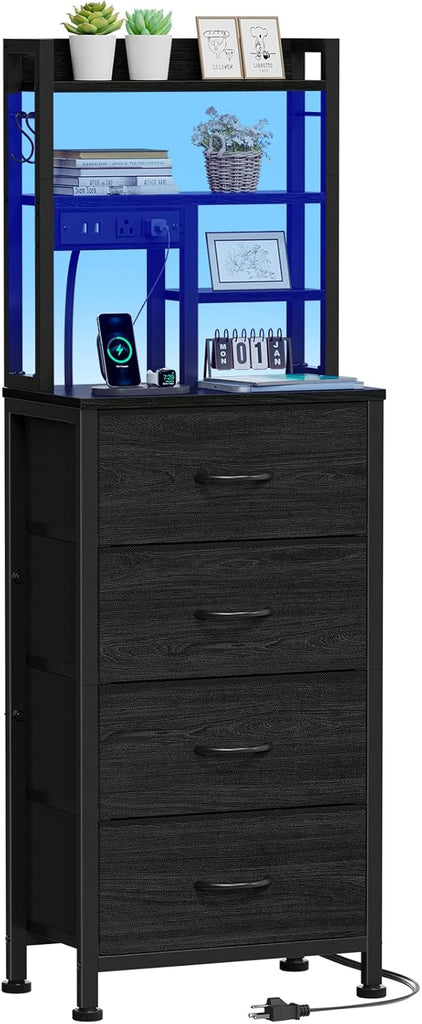 Tall Nightstand, LED Night Stand with Charging Station and USB Ports, 4 Fabric Drawers and 4 Tier Storage Shelf