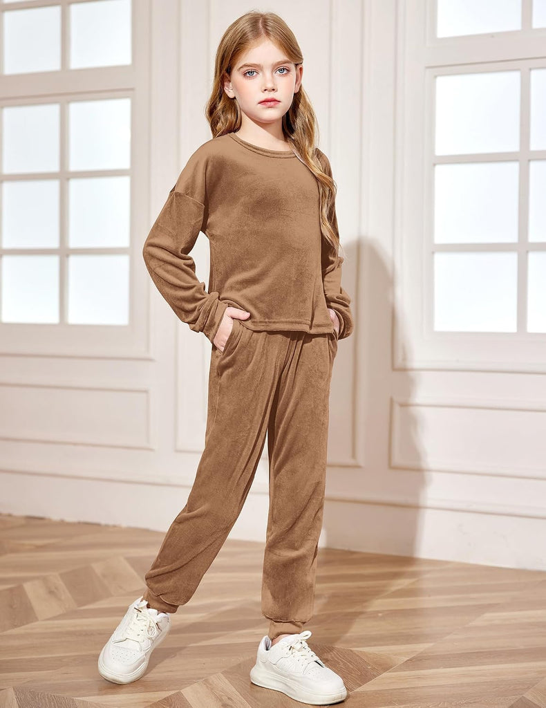 Girls 2 Piece Outfits Kids Casual Velour Sweatshirts & Pants Set