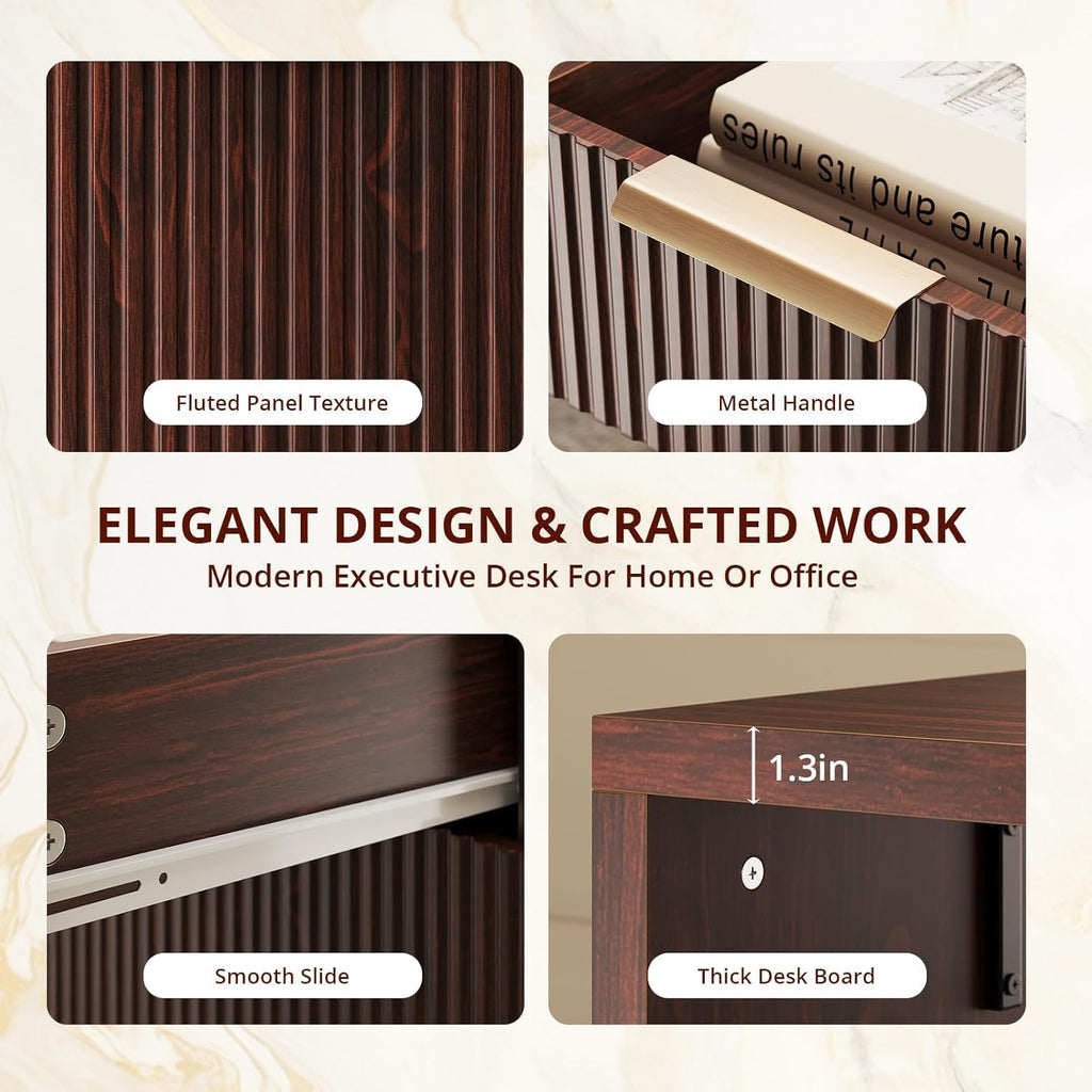 58" Modern Executive Desk with Storage, Home Office Desk with Drawer & Cabinet, Wooden Fluted Desk for Study