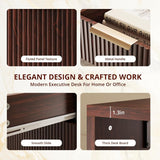 58" Modern Executive Desk with Storage, Home Office Desk with Drawer & Cabinet, Wooden Fluted Desk for Study