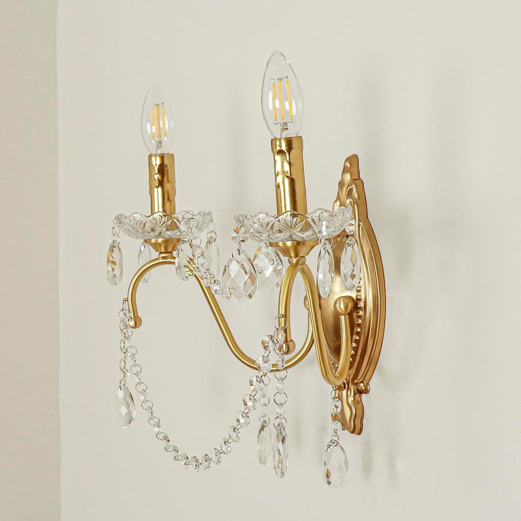 French Vintage Crystal Wall Sconce, Victorian 2-Light Gold Iron Finish, E12 Traditional Candle Style Wall Lamp for