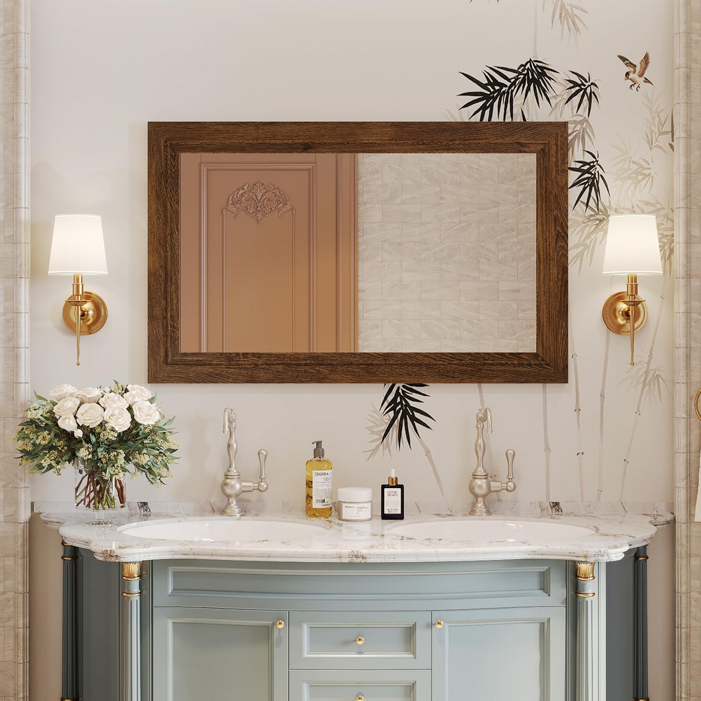 Rustic Wall-Mounted Vanity Mirror, Solid Wood Frame Bathroom Mirror, Farmhouse Style, Horizontal/Vertical Hanging