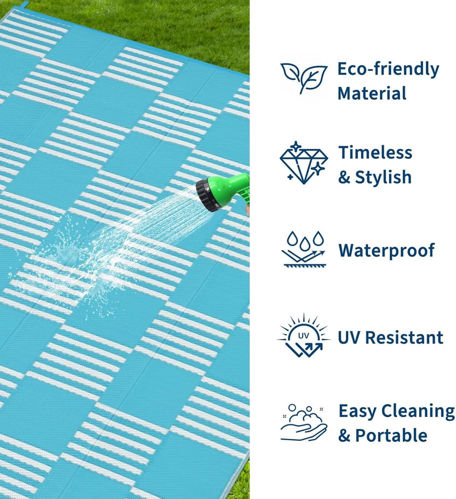 Waterproof Outdoor Rug 6x9, Checkered Foldable Plastic Straw Patio Camping Rug, Outdoor RV Carpet for Deck Camper