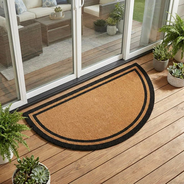Half Round Black Border Coco Coir Door Mat, 30" x 60", Woven Backed, Heavy Duty Outdoor, Natural Fiber Entrance Mat