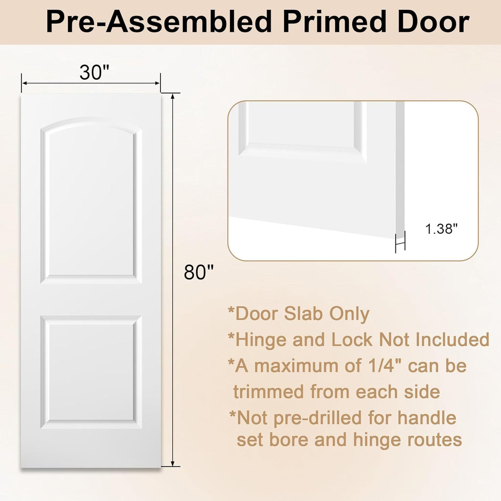 30"x80" Raised 2-Panel White Primed Hollow Core Interior Molded Door Slab with Arch Design, NOT Pre-drilled and NOT