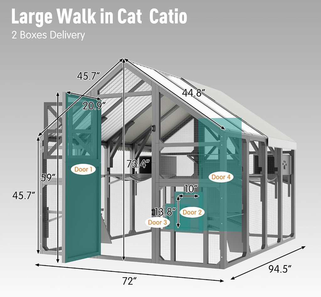 Extra Large Catio Outdoor Cat Enclosure, 94.5" Walk-in Cat House for Multiple Cats, 8 Platforms, PVC Cooling Roof