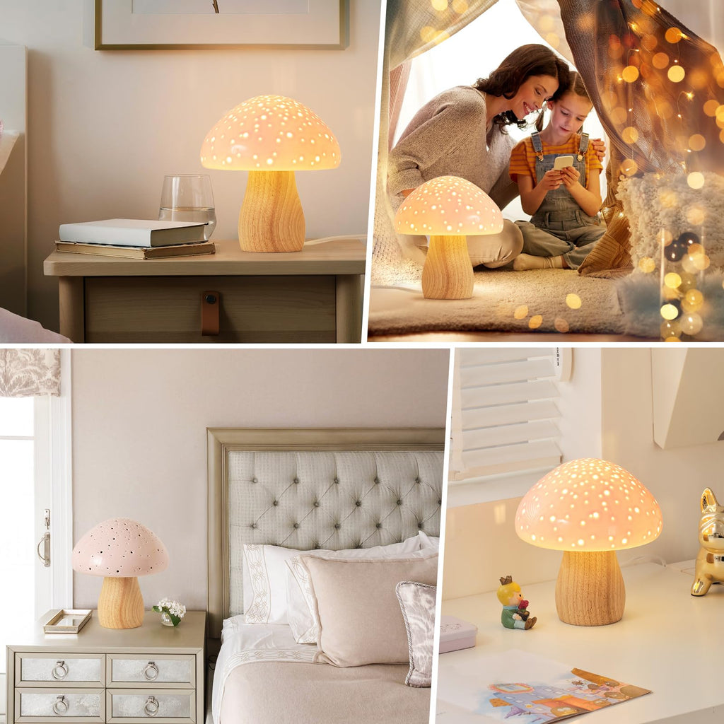 Mushroom Lamp Ceramic Bedside Table Lamp, Pink