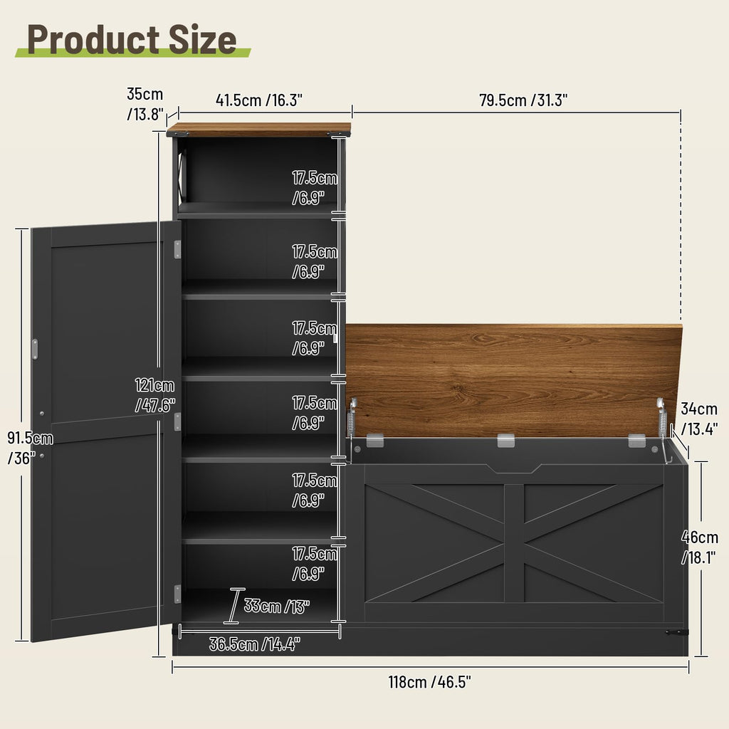 Shoe Cabinet with Bench, L-Shaped Shoe Bench, Storage Bench, Farmhouse Shoe Storage Cabinet with Adjustable Shelves