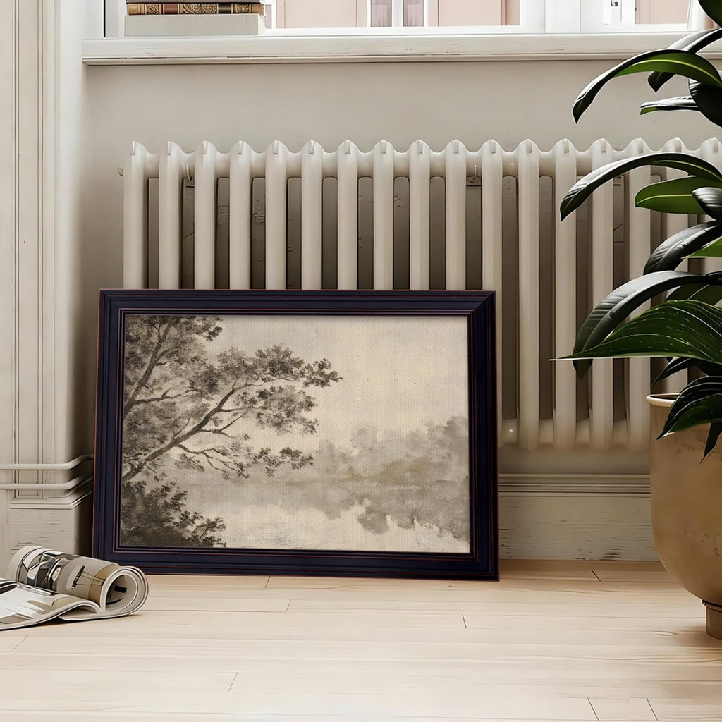 Antique Lake Landscape Framed Canvas Wall Art, Vintage Sepia Tree Forest and River Scene Poster, Rustic Nature