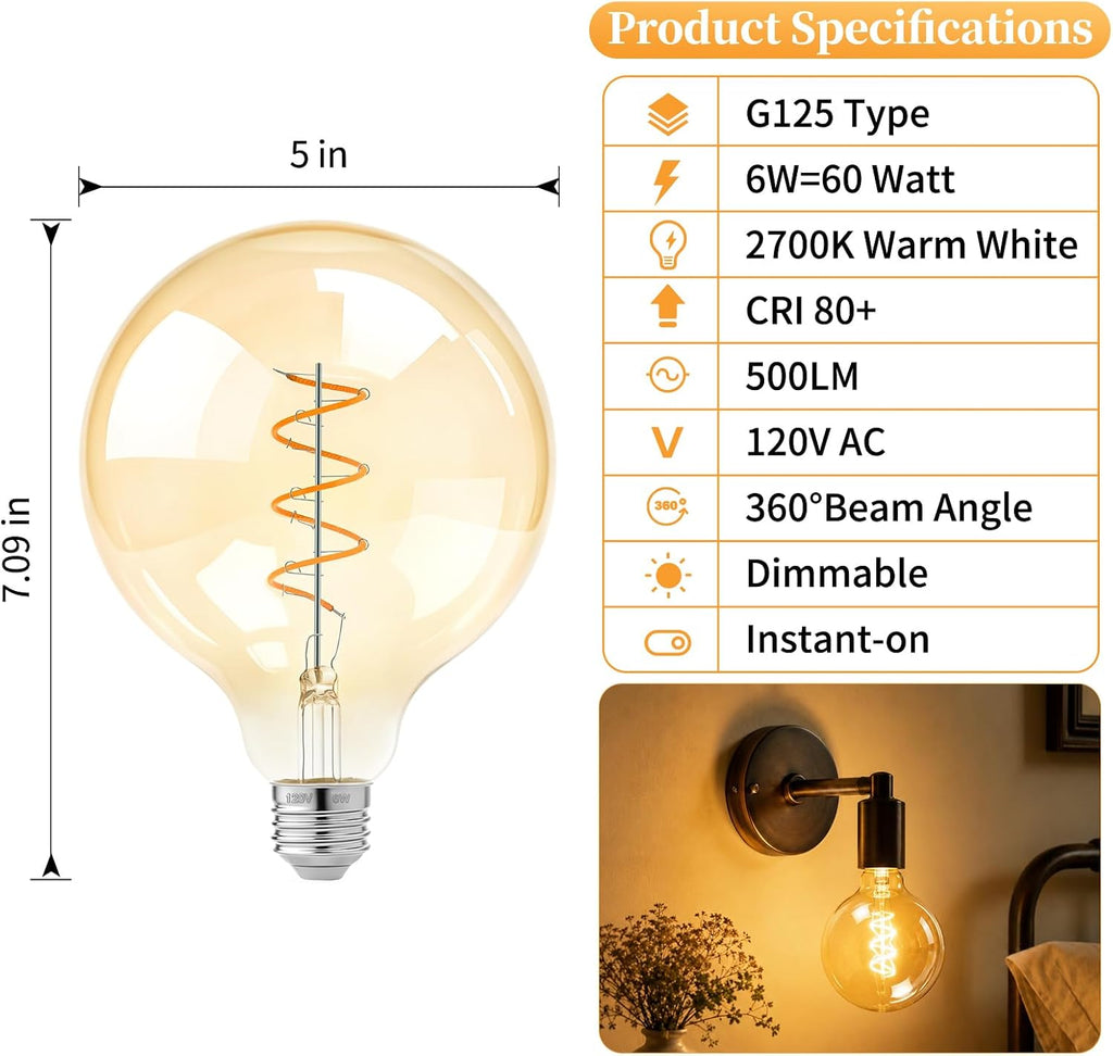 6W G125 Large LED Globe Light Bulb,Dimmable Edison Round LED Bulb