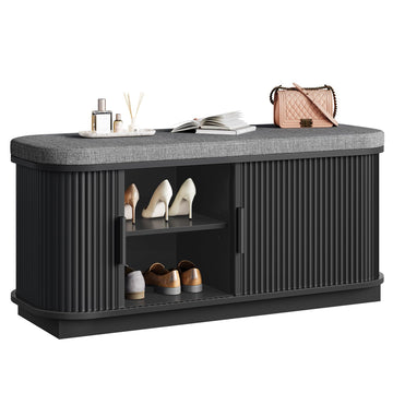 39.4" Fluted Shoe Storage Bench with Cushion and Sliding Door