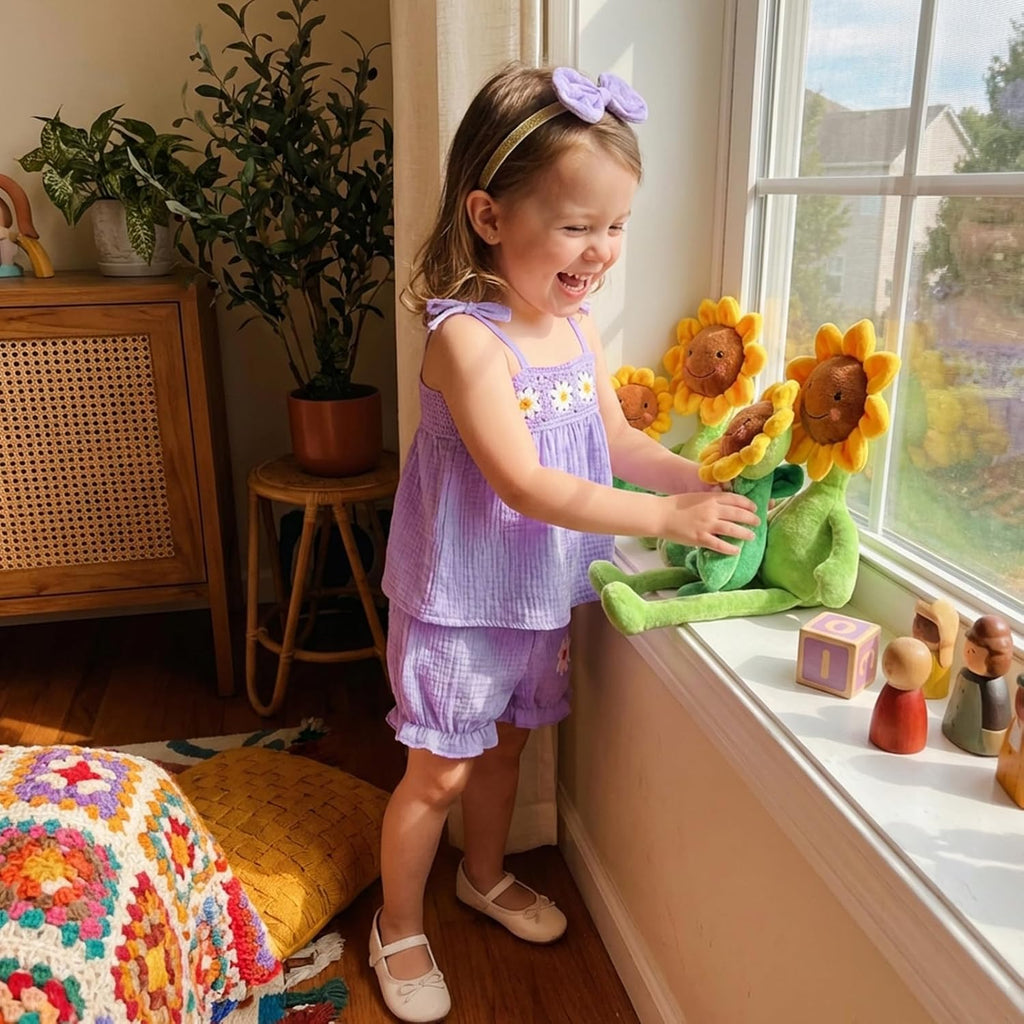 Baby Girl Summer 3 Piece Outfit Toddler Muslin Cotton Top Ruffle Bloomers Shorts Bow Headband Cute Embroidered Set