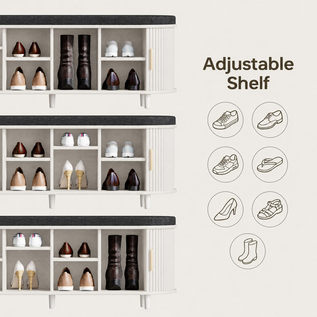 2-Tier Storage Bench, Wide Shoe Bench with Thickened Padded Seat Cushion, Mid Century Modern Fluted Sliding Door and