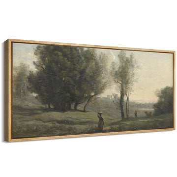 Extra Large Framed Canvas Print Wall Art Pastoral Elegance Tranquil Countryside with Figure Vintage Inspired Colorful