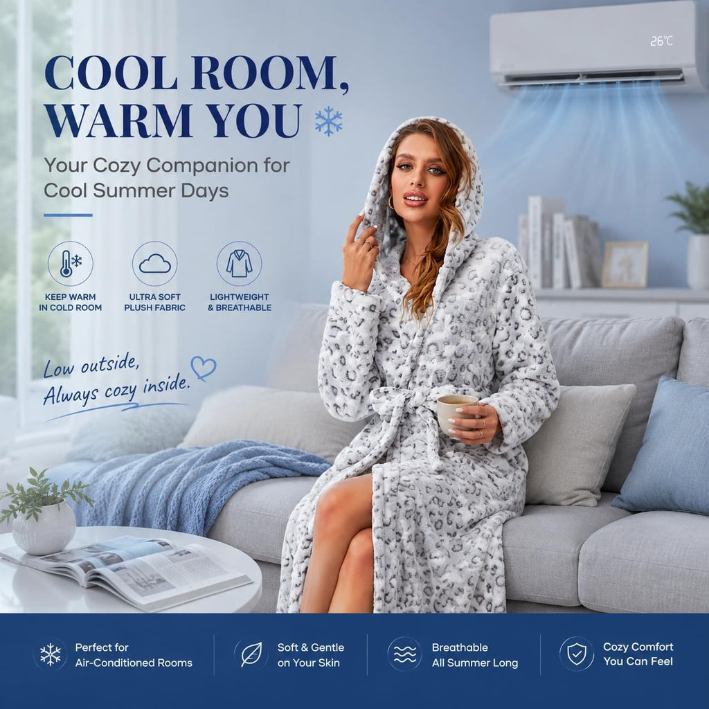 Women's Plush Hooded Robe Bathrobe-Fast Warmth | Ultra-soft plush fabric delivers cozy comfort & quick warmth,for
