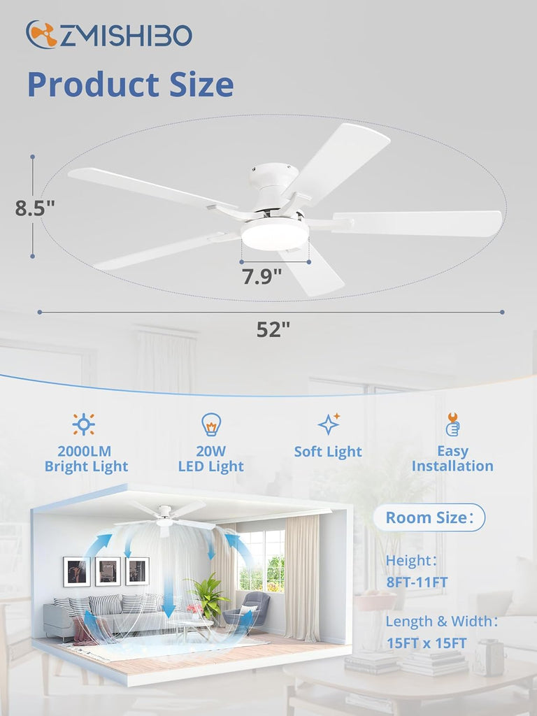 52 Inch Ceiling Fan with Light, App&Remote Control, Flush Mount Low Profile, Dimmable 20W LED Light, Quiet Reversible Motor for Bedroom, Living Room, Apartment, White A101-B0DPH9L7M1
