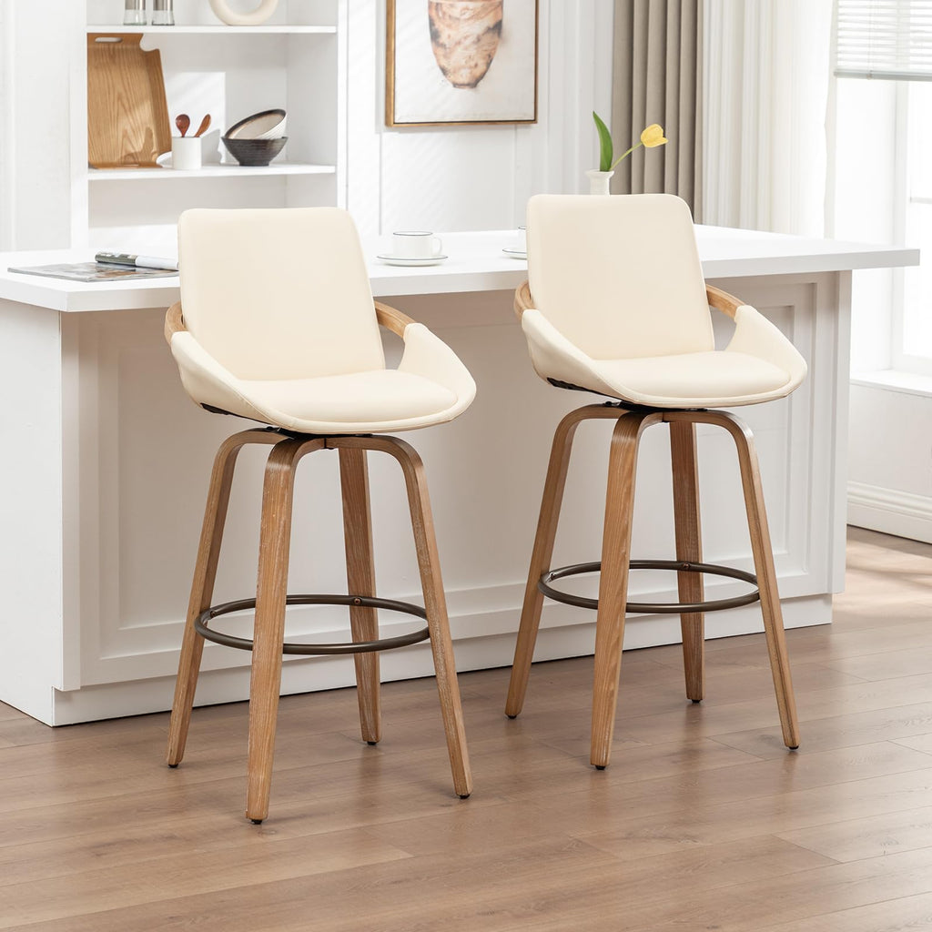 25.2" Swivel Bar Stool with Back Cream White Leather Kitchen Barstool Chair