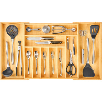 Extra Large Expandable Kitchen Siverware Utensils Drawer Organizer, 19" Deep for Big Drawer, Adjustable Bamboo Wood